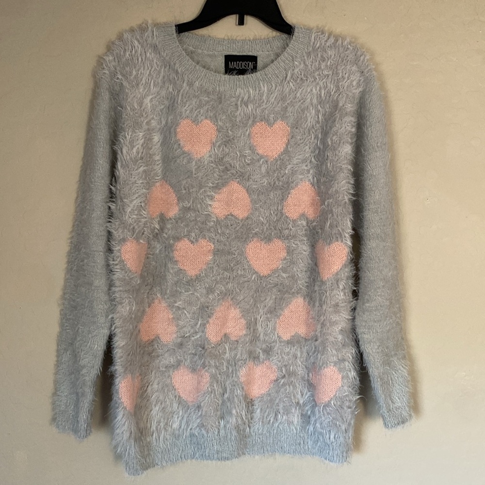 Maddison, XL, soft, fuzzy, gray sweater with pink hearts